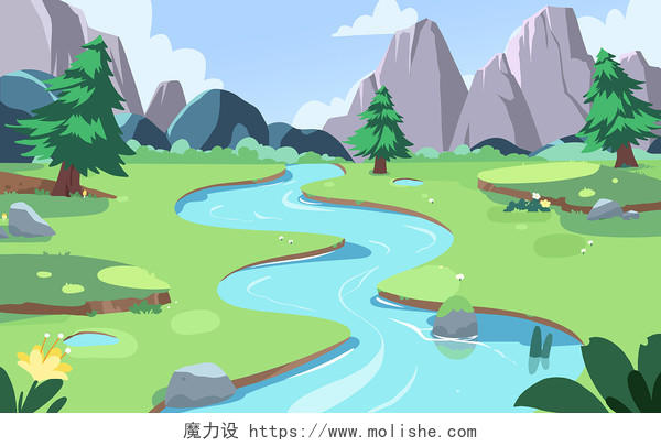 河流植物天空场景氛围插画扁平河流插画